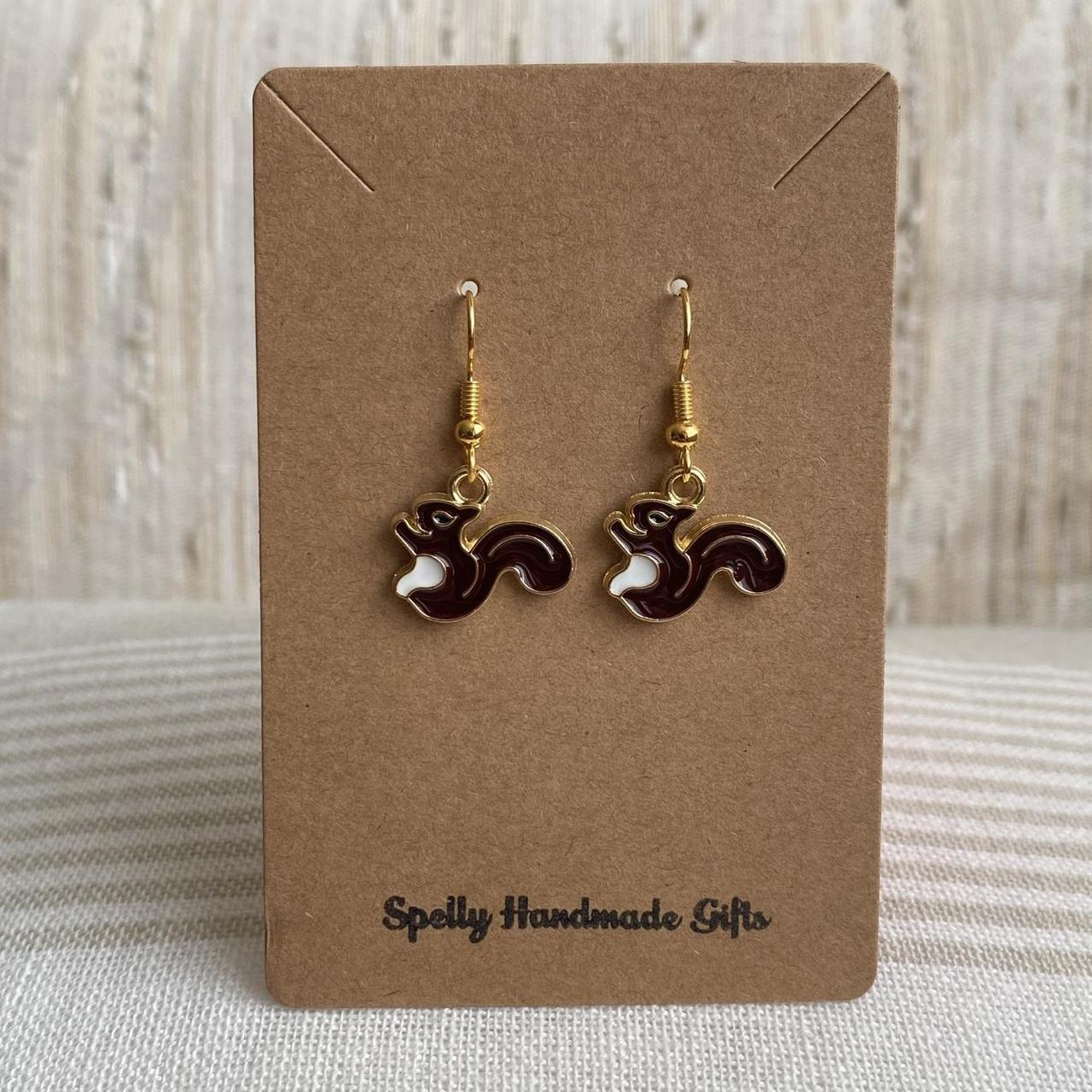 Dark Brown Squirrel Enamel Dangle Earrings With Gold - Image 3