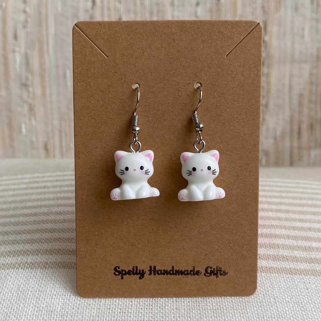 Cute White Kitten Dangle Earrings With Silver - Image 5