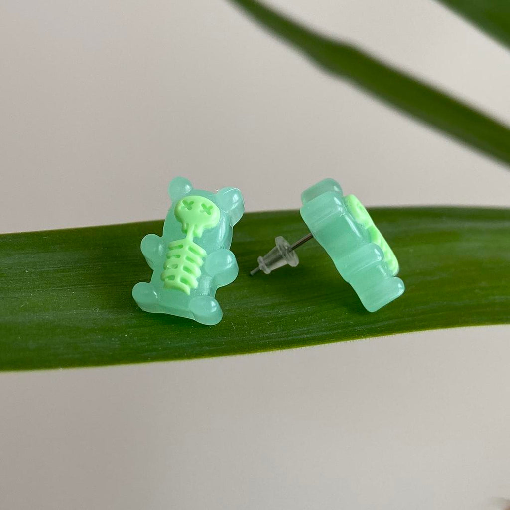 Green Skeleton Gummy Bear X Ray Stud Earrings - Image 3