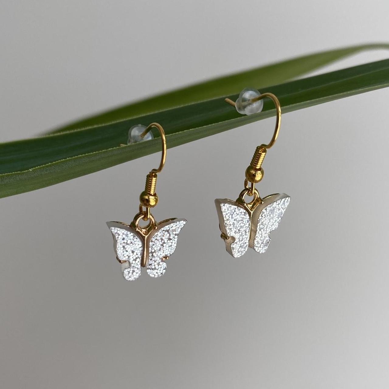 Silver Sparkle Butterfly Dangle Earrings With Gold - Image 4