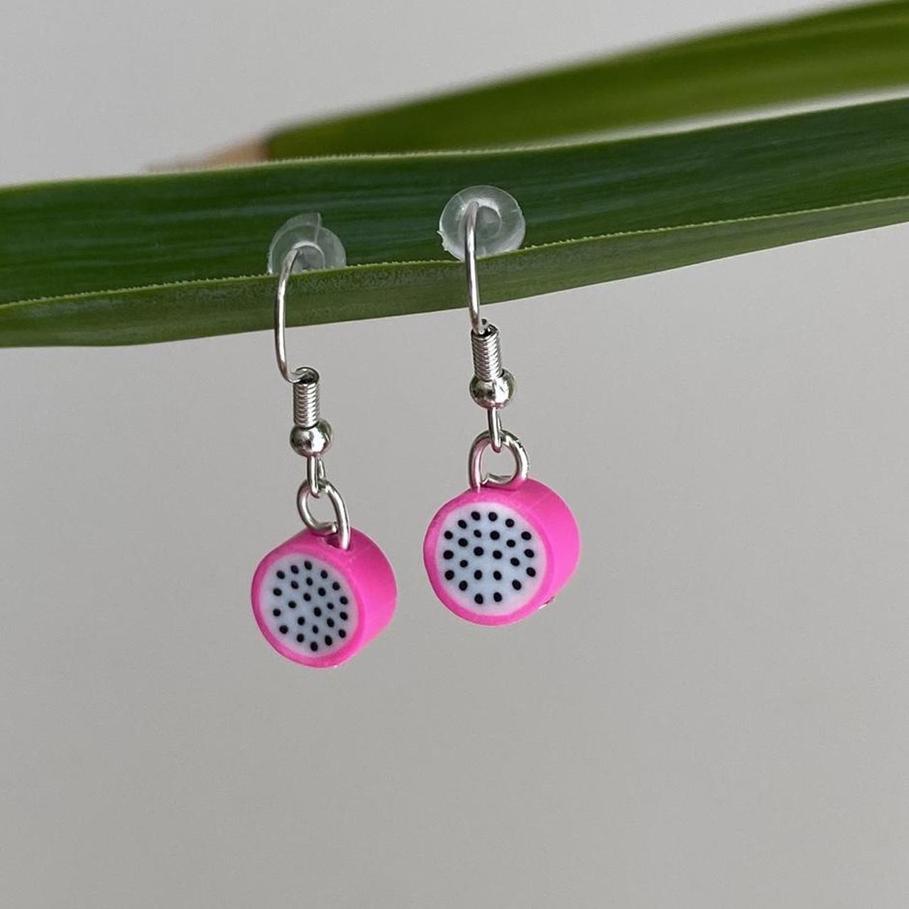 Pink Dragonfruit Polymer Clay Dangle Earrings With - Image 3