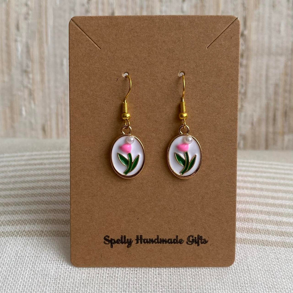 Pink Tulip In Oval Dangle Earrings With Pearl And - Image 4