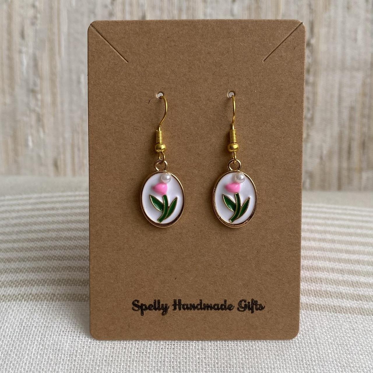 Pink Tulip In Oval Dangle Earrings With Pearl And - Image 4