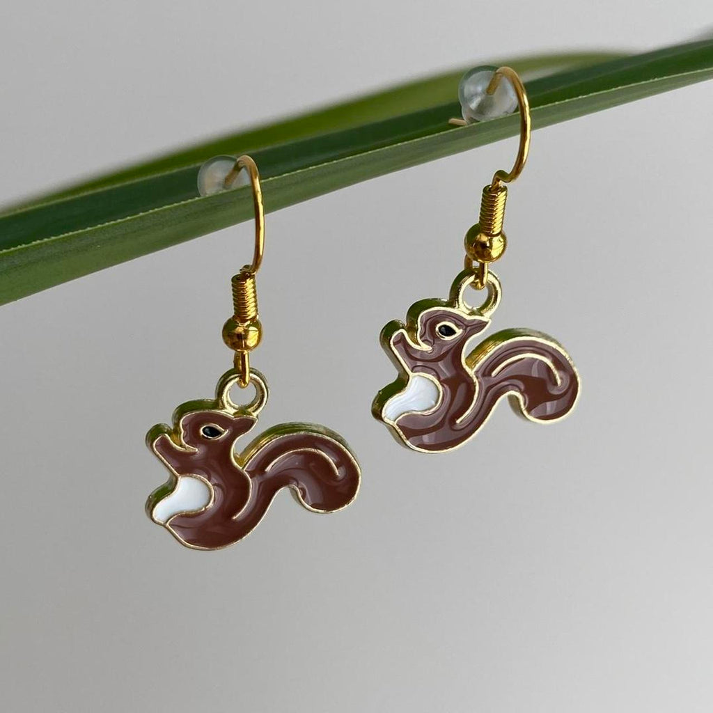 Brown Squirrel Enamel Dangle Earrings With Gold