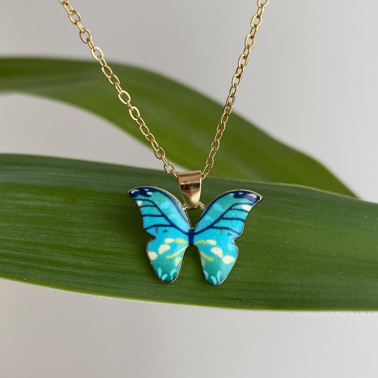 Blue Turquoise Butterfly Enamel Pendant Chain - Image 2