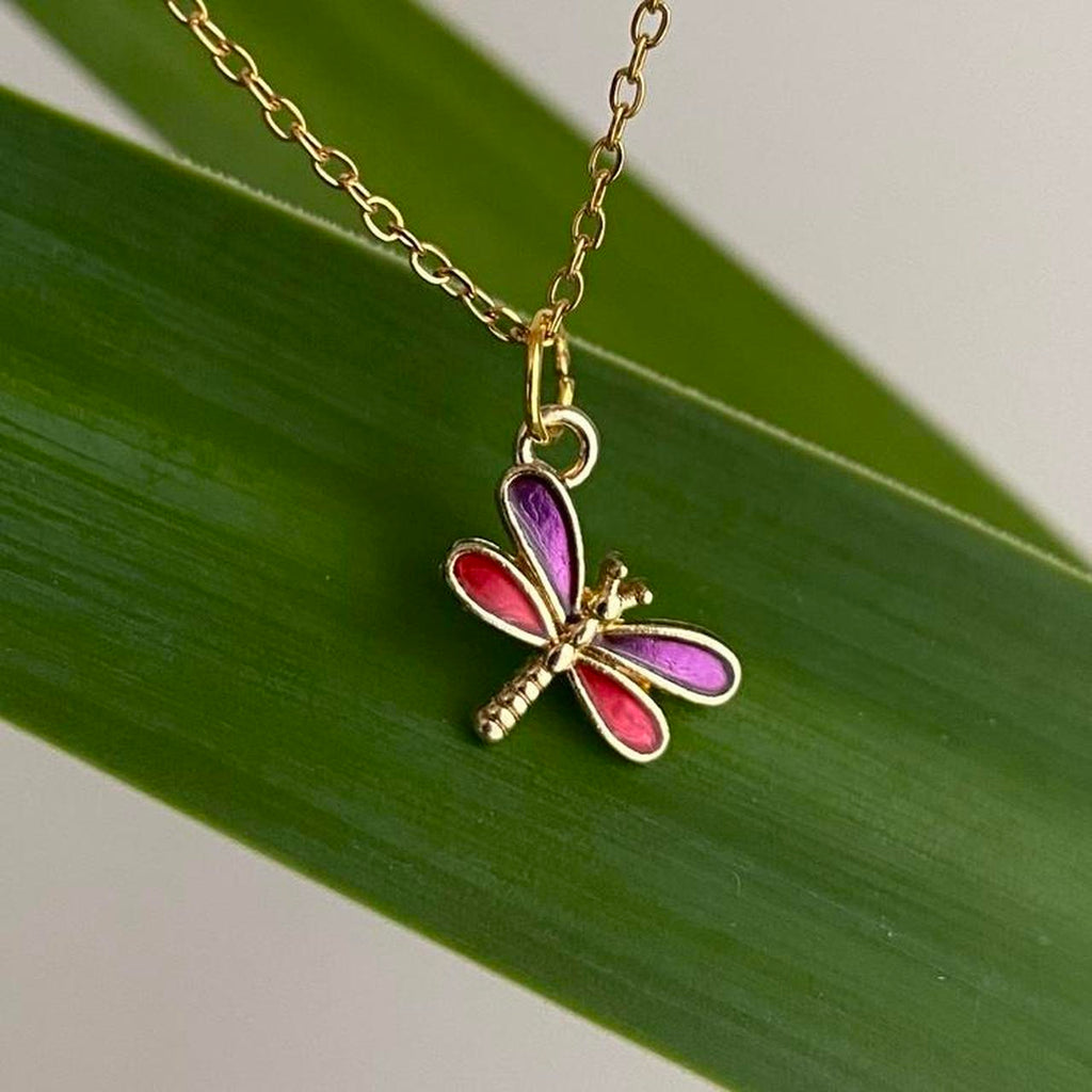 Purple And Red Enamel Dragonfly Pendant Chain