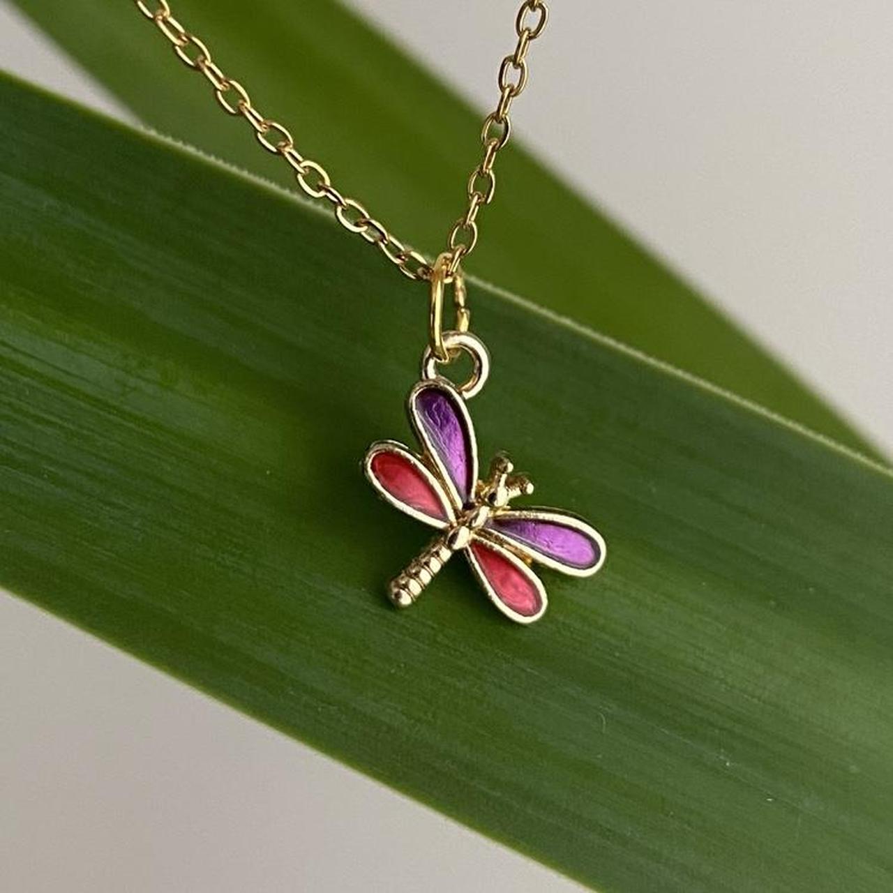 Purple And Red Enamel Dragonfly Pendant Chain