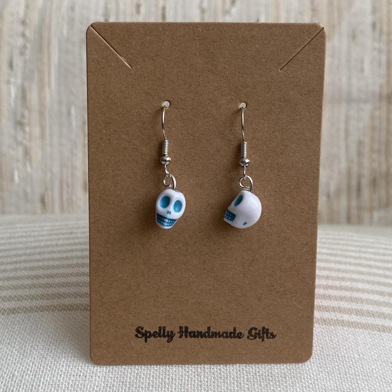 Cinco De Mayo White And Blue Skull Dangle Earrings - Image 3