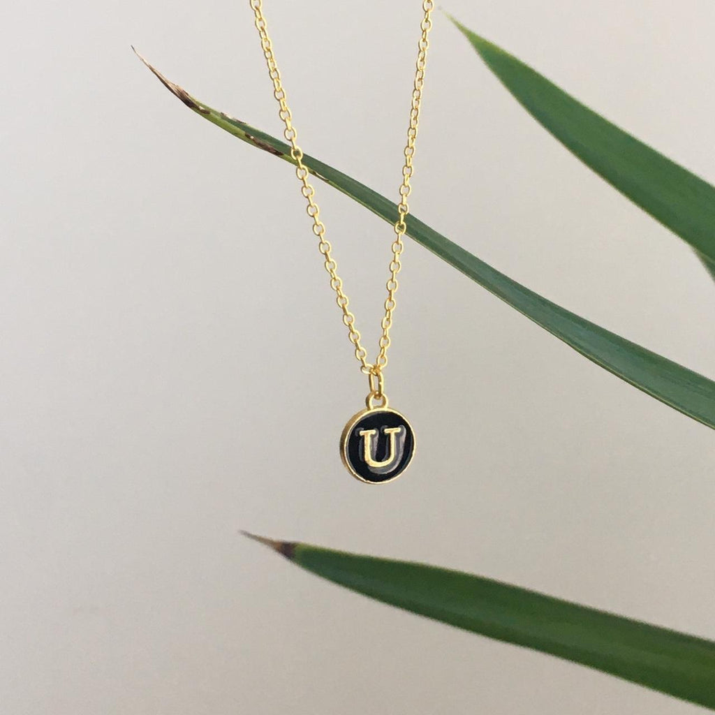 Letter U Initial Black Enamel Pendant Chain