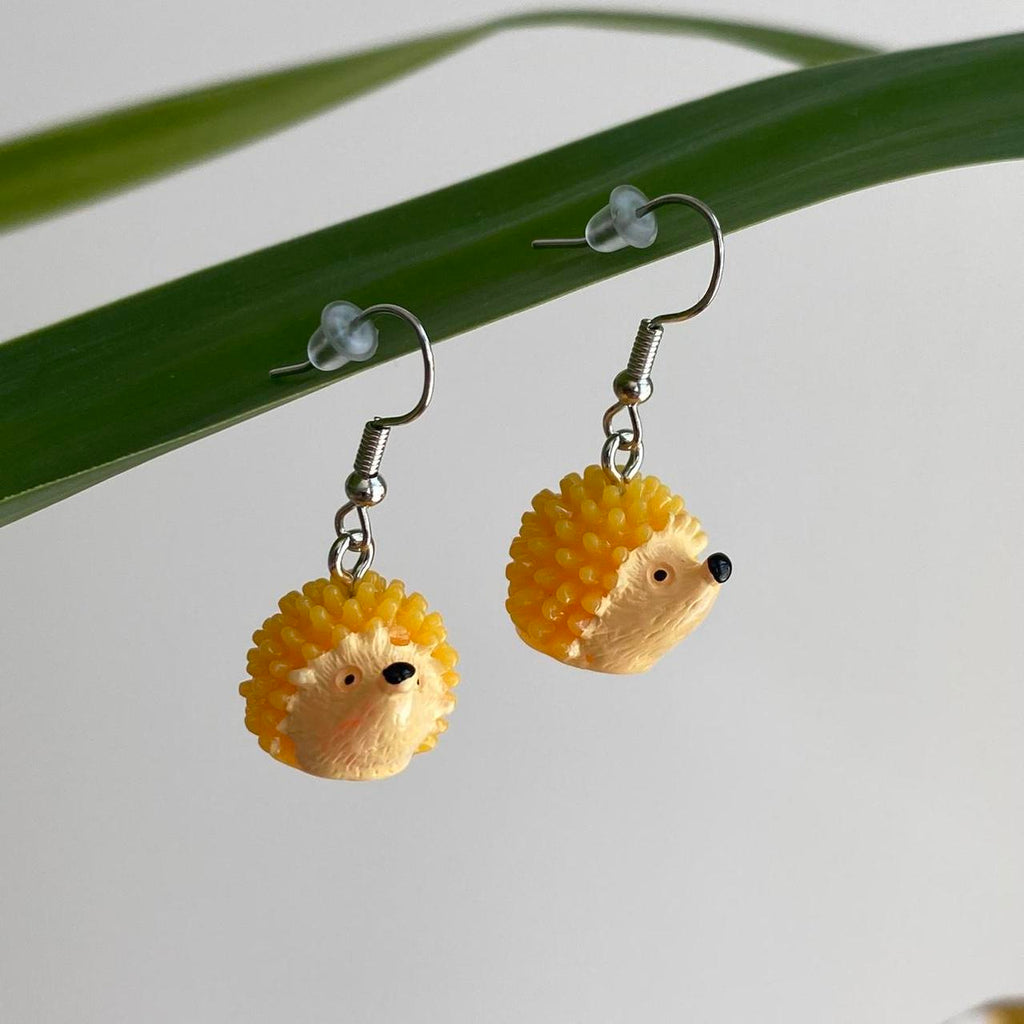 Yellow Hedgehog Dangle Earrings With Silver Accents - Image 3