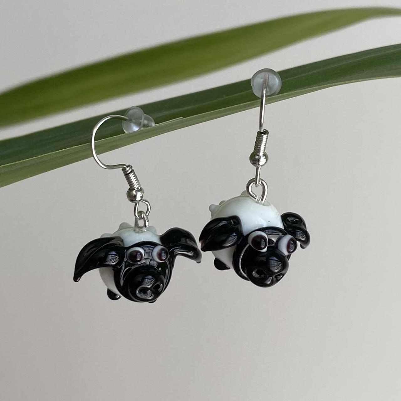 White Sheep Lamb Glass Dangle Earrings With Silver - Image 5