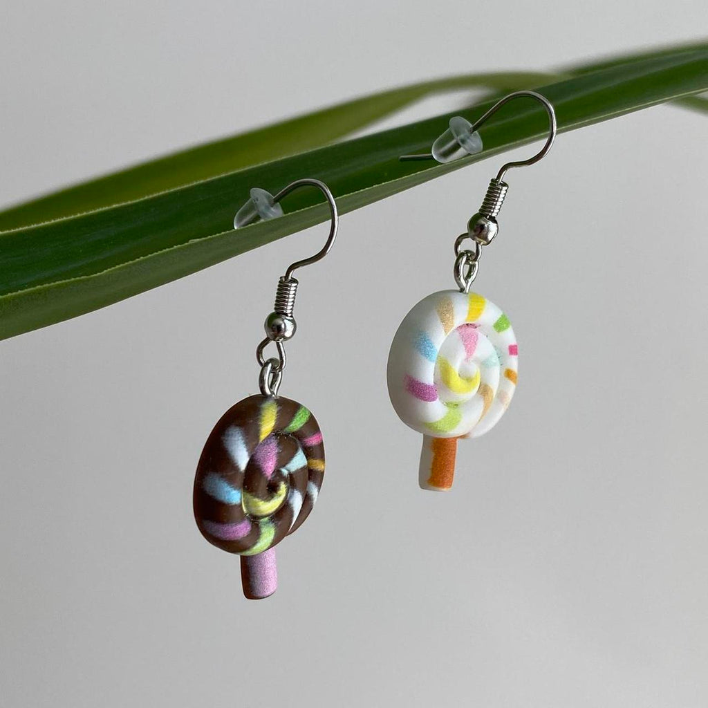 Brown And White Swirly Lollipop Dangle Earrings With - Image 4