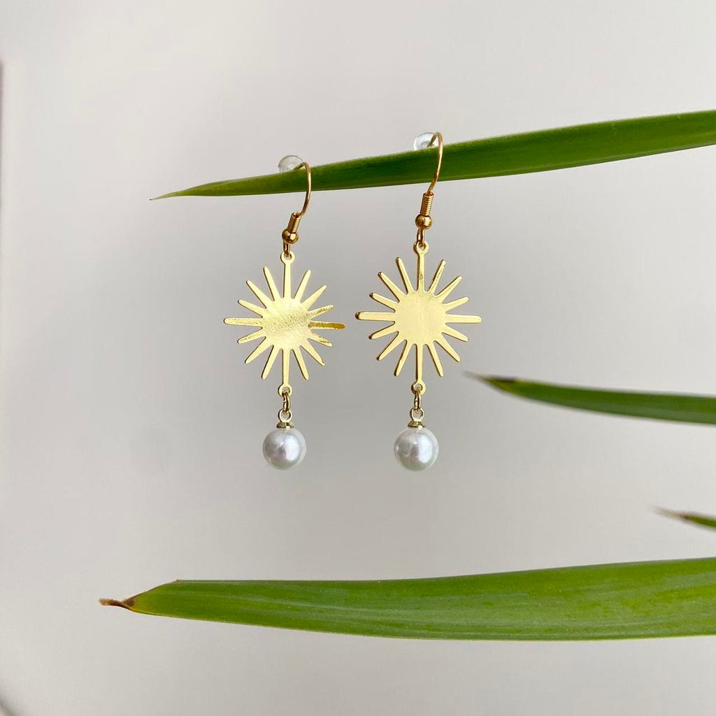 Gold Rising Sun With Pearl Accent Dangle Earrings - Image 3