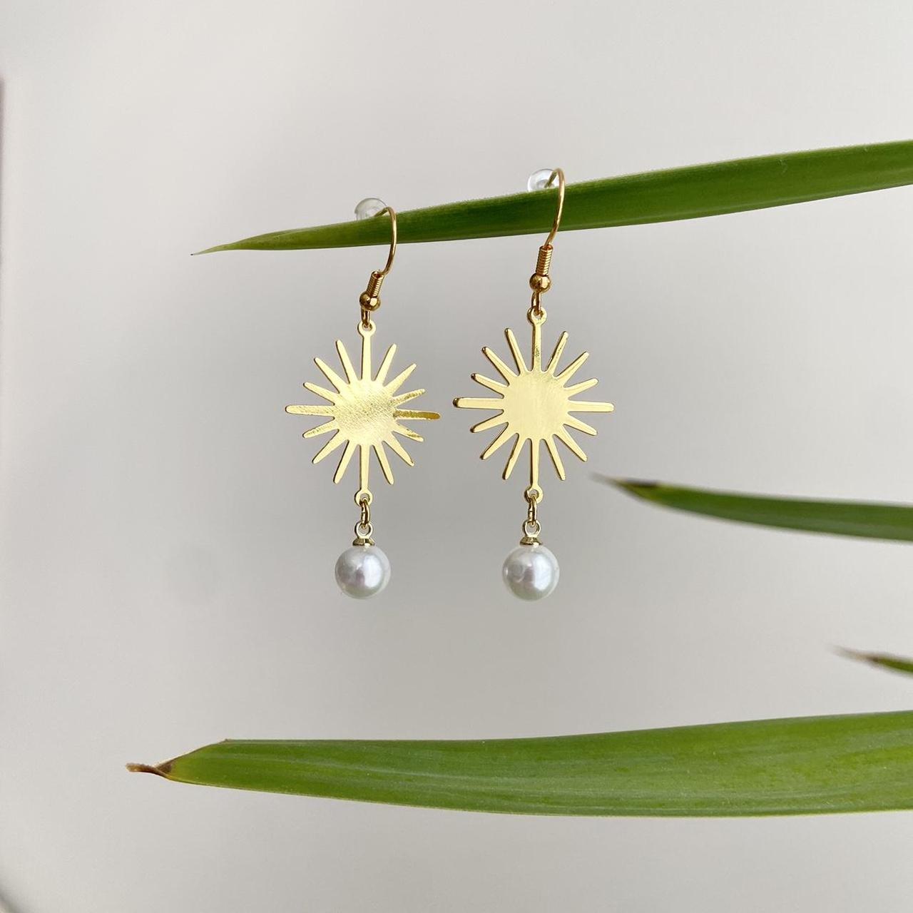 Gold Rising Sun With Pearl Accent Dangle Earrings - Image 3