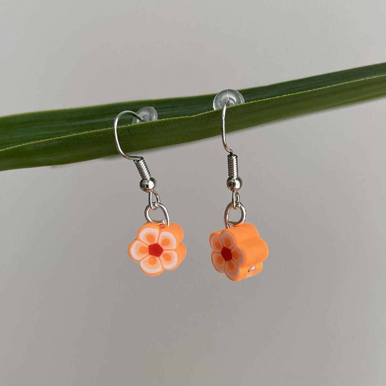 Orange Tropical Flower Polymer Clay Dangle Earrings - Image 2