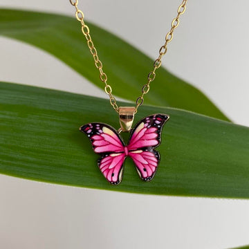 Pink Butterfly Enamel Pendant Chain Necklace