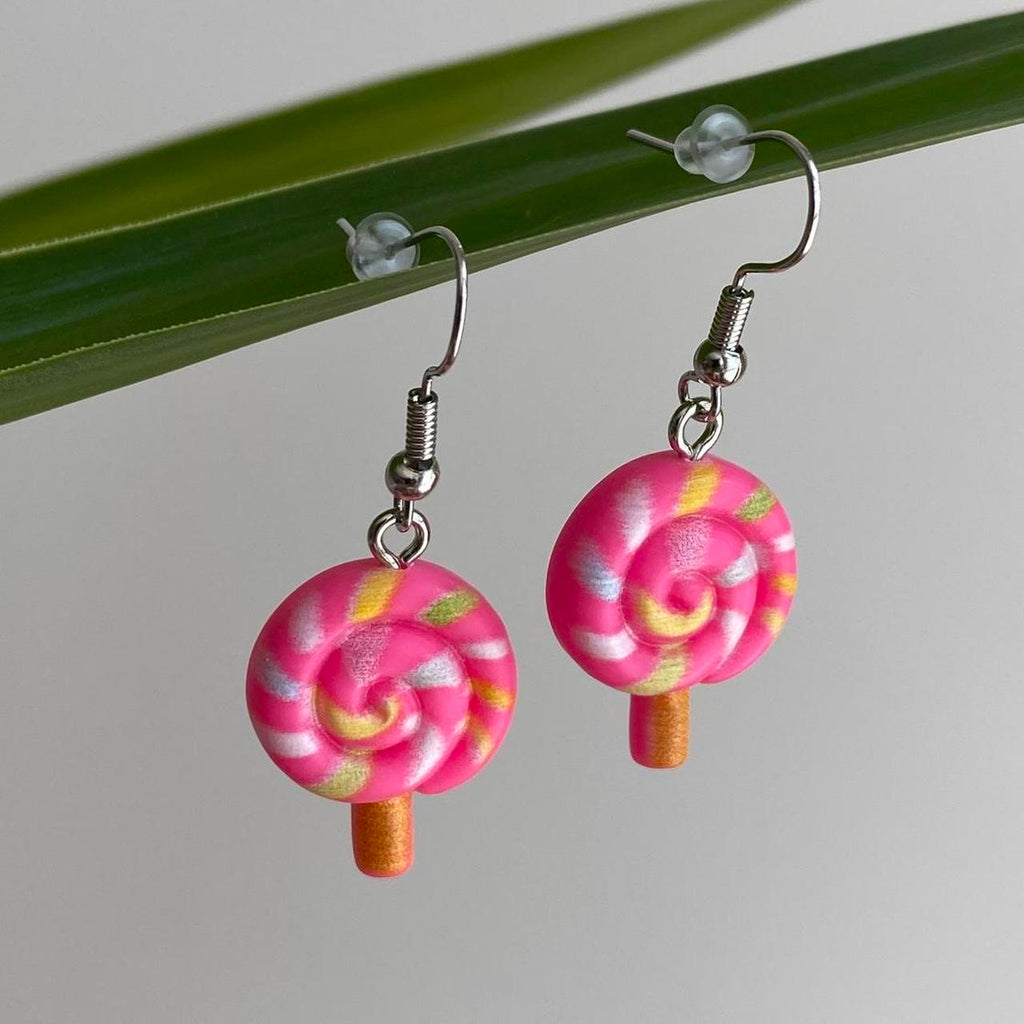 Pink Swirly Lollipop Dangle Earrings With Silver - Image 4