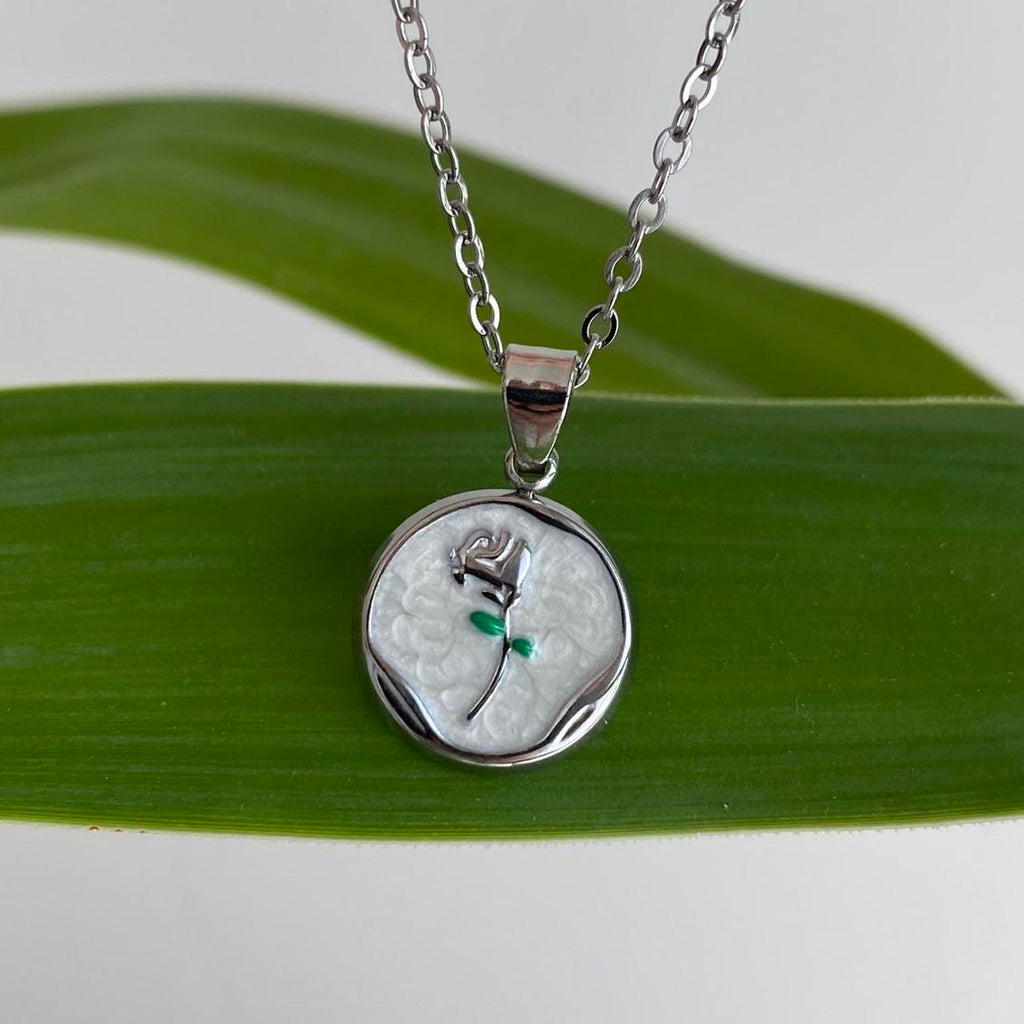 White Enamel Rose In Circle Pendant Chain Necklace
