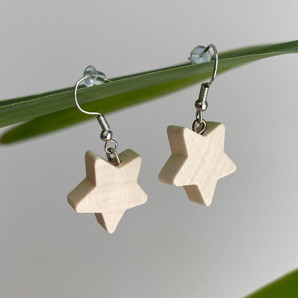 Wooden Star Dangle Earrings With Silver Accents