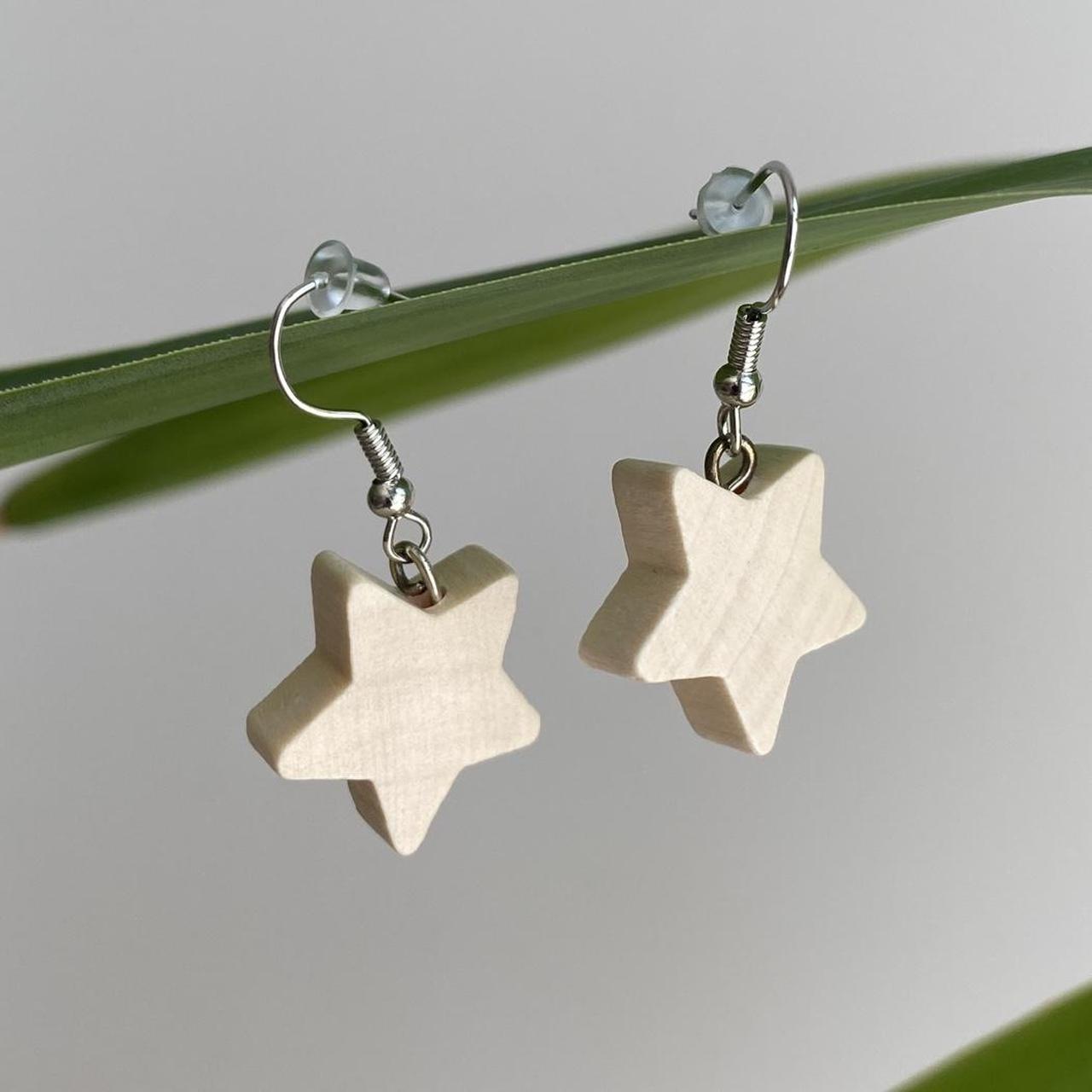 Wooden Star Dangle Earrings With Silver Accents