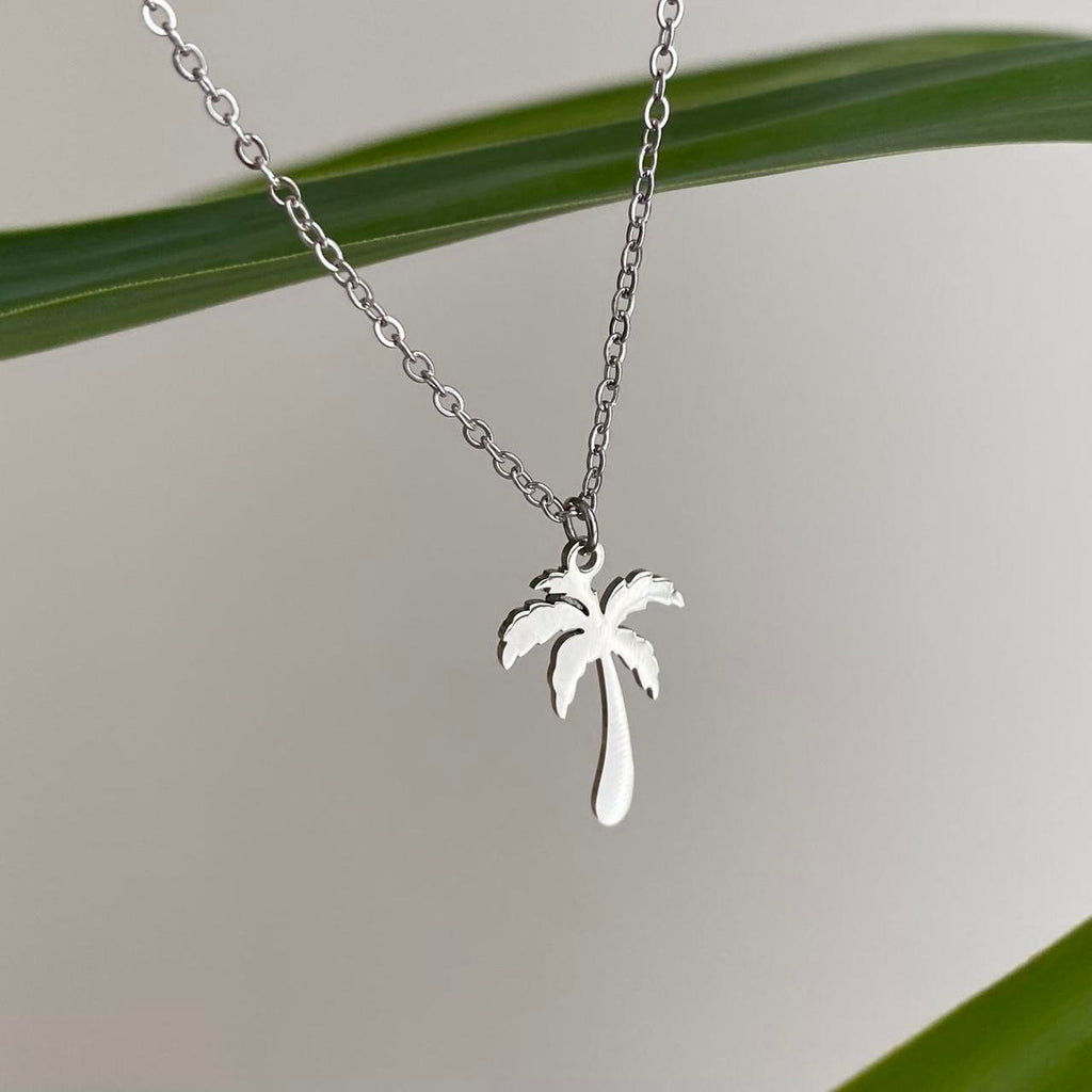 Tropical Silver Palm Tree Pendant Chain Necklace - Image 2