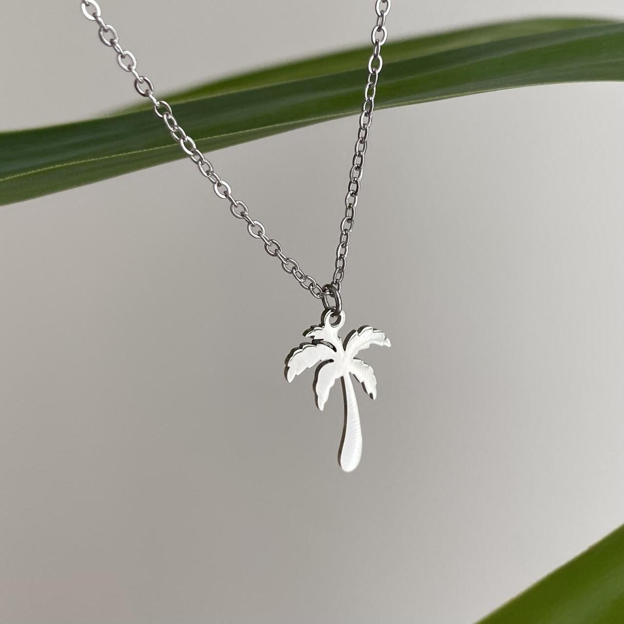 Tropical Silver Palm Tree Pendant Chain Necklace - Image 2
