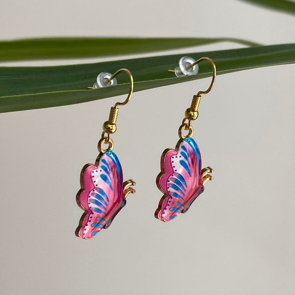Hot Pink And Blue Butterfly Enamel Dangle Earrings - Image 2