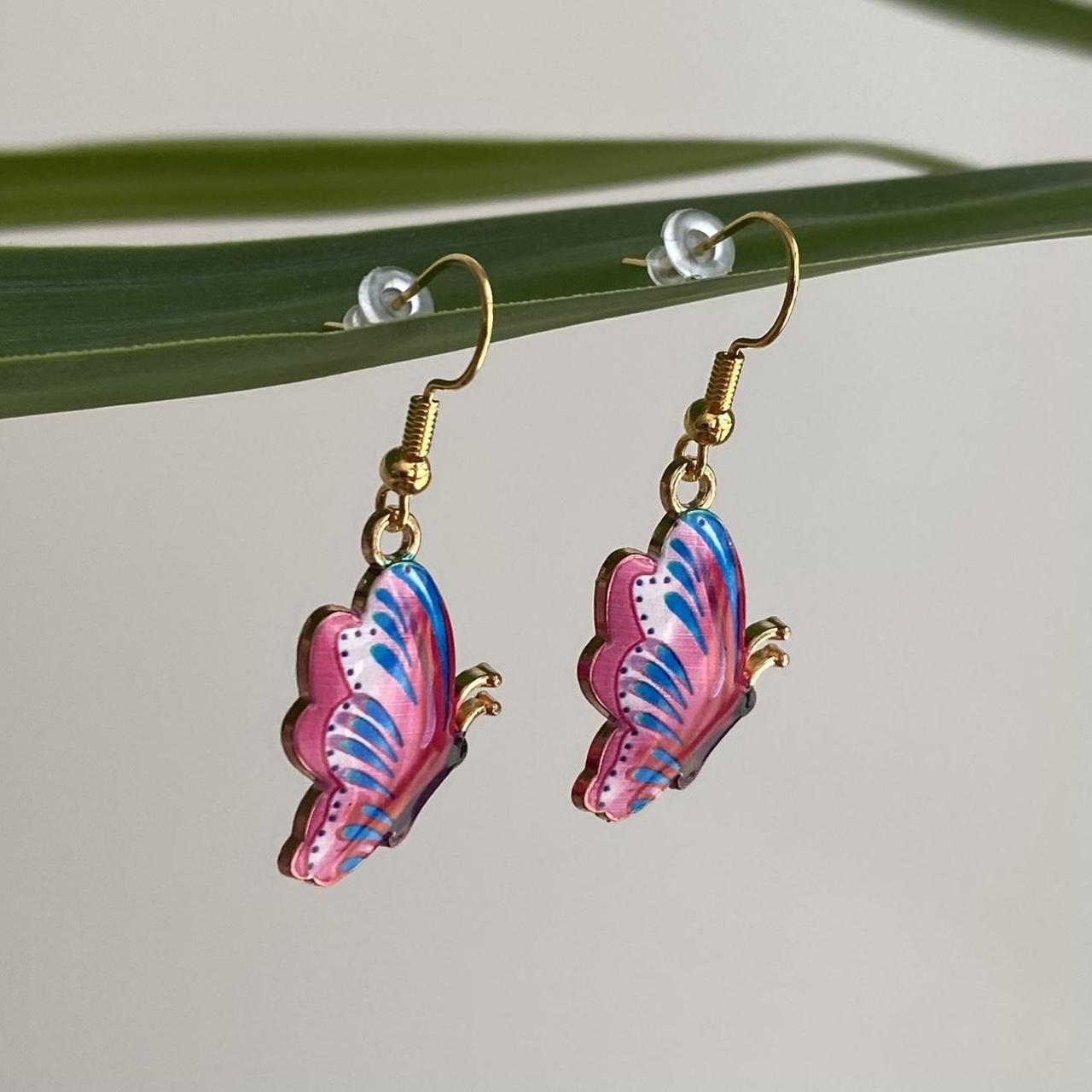 Hot Pink And Blue Butterfly Enamel Dangle Earrings - Image 2