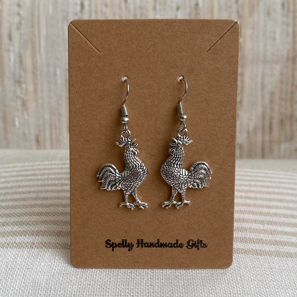 Silver Rooster Dangle Earrings Hand Made Pendant - Image 4