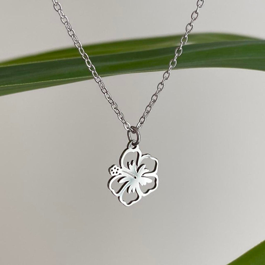 Tropical Silver Hibiscus Flower Pendant Chain - Image 4