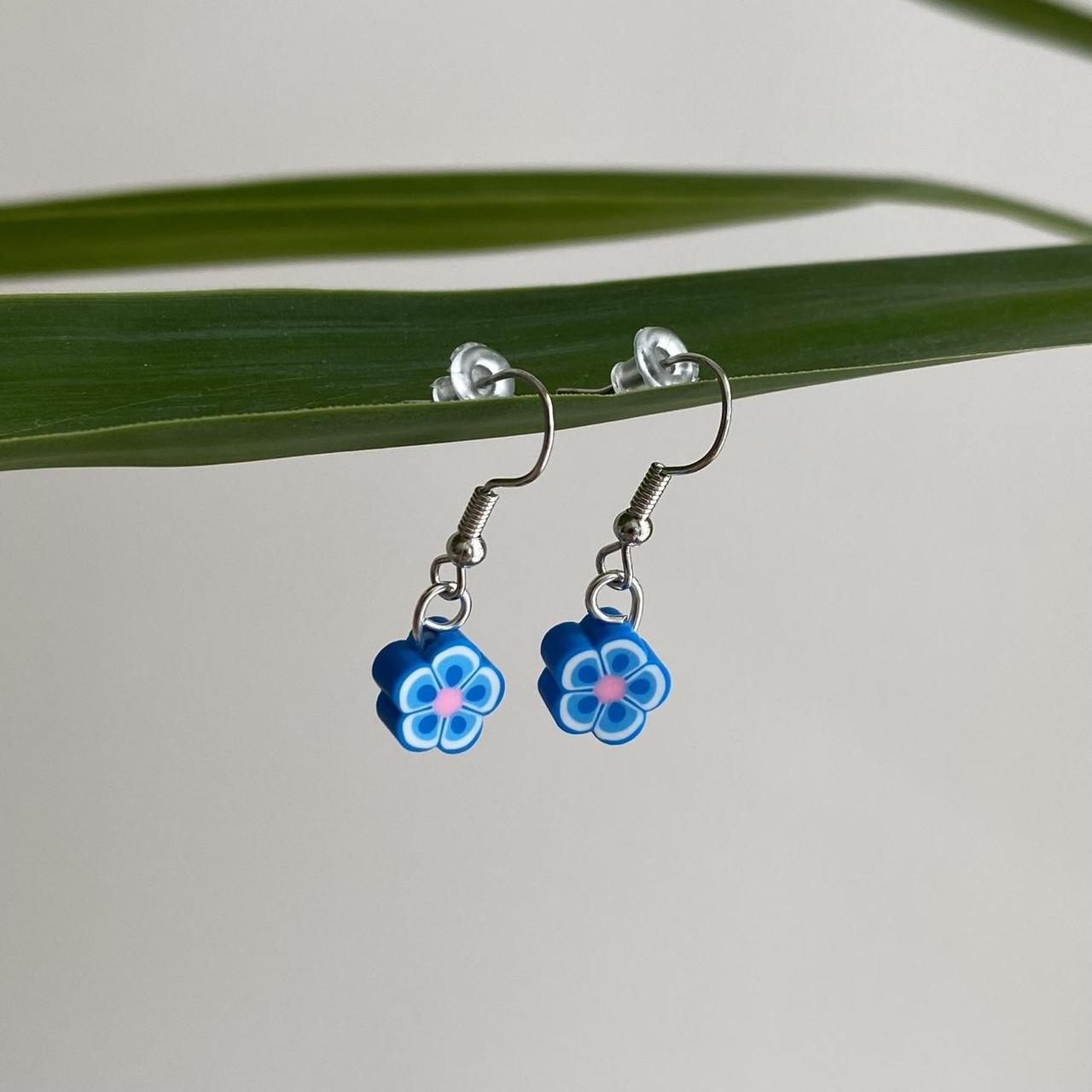 Blue Tropical Flower Polymer Clay Dangle Earrings - Image 2