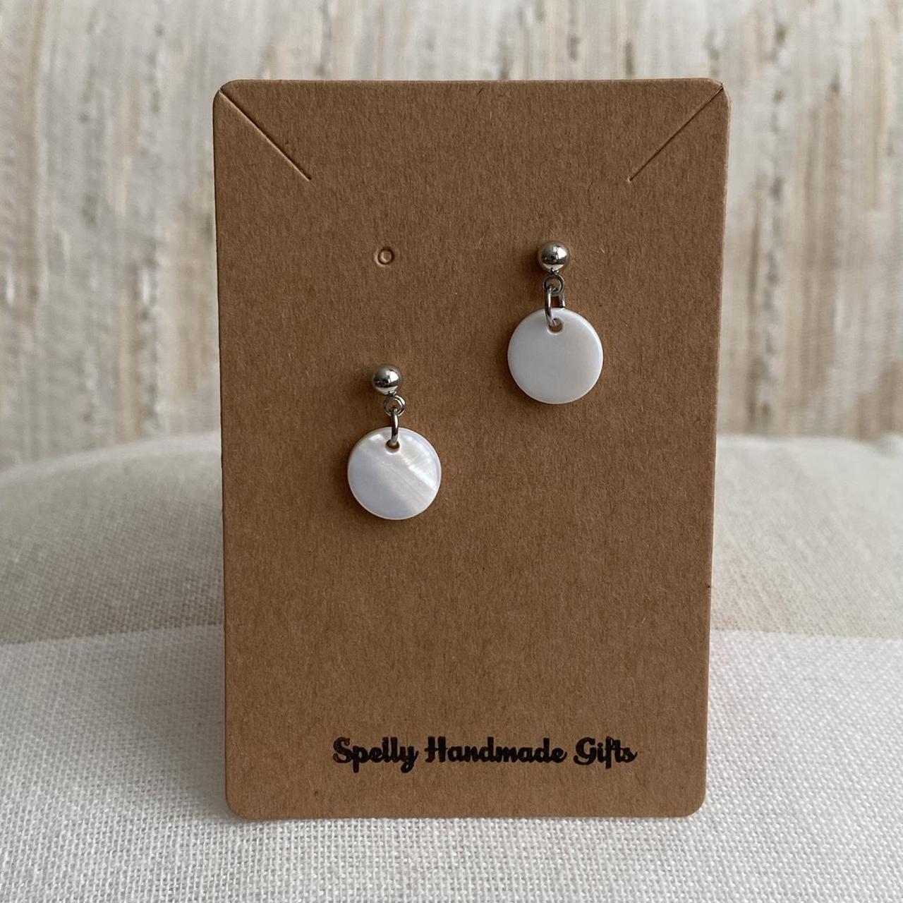 White Circle Shell Silver Dangle Stud Earrings - Image 3