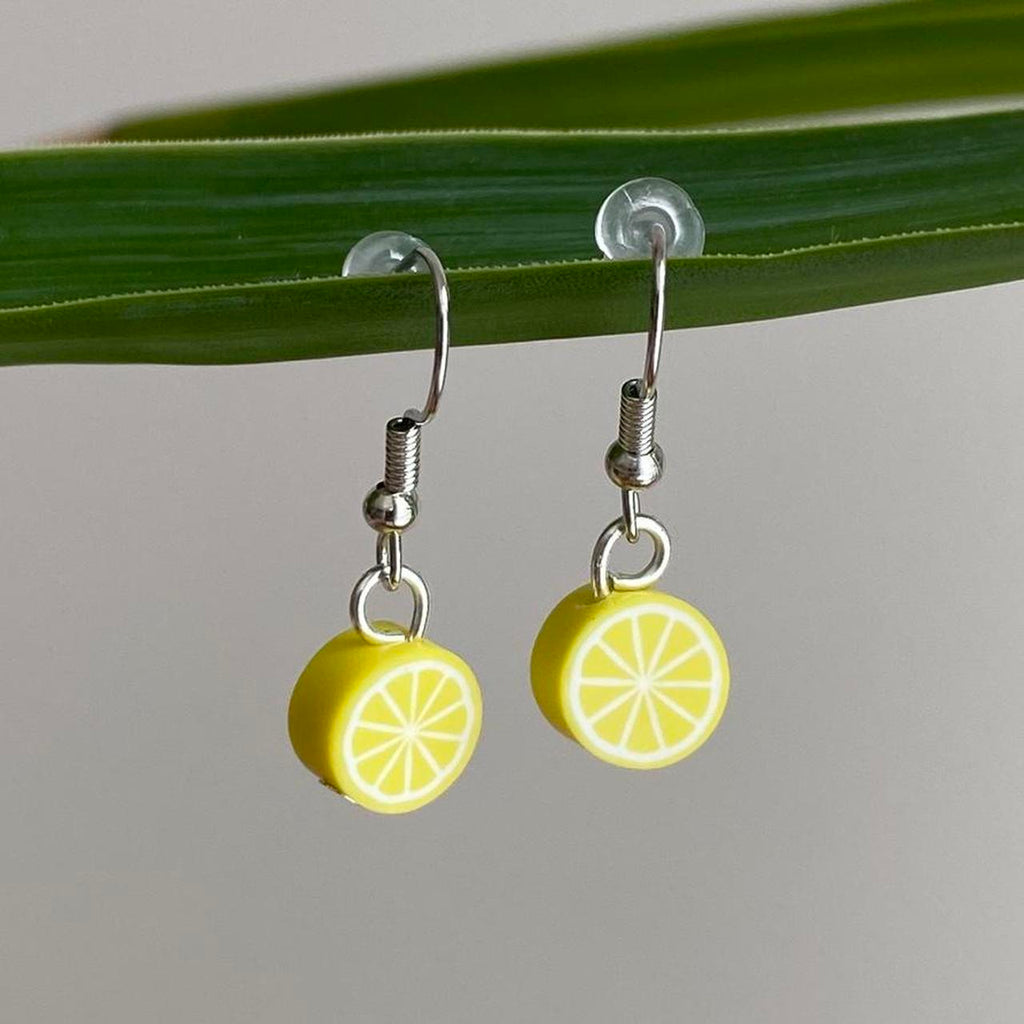 Yellow Lemon Fruit Polymer Clay Dangle Earrings With