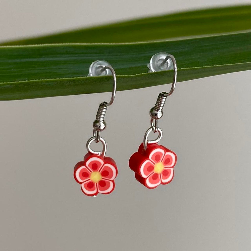 Red Tropical Flower Polymer Clay Dangle Earrings