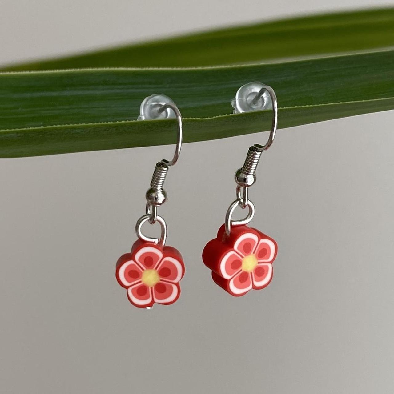 Red Tropical Flower Polymer Clay Dangle Earrings