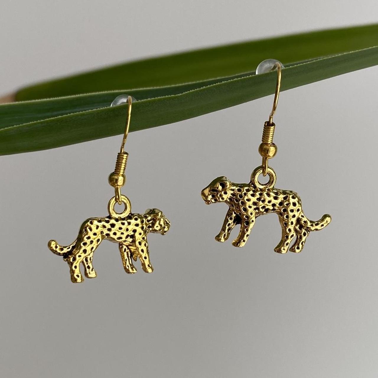Gold Leopard Dangle Earrings Hand Made Pendant - Image 2