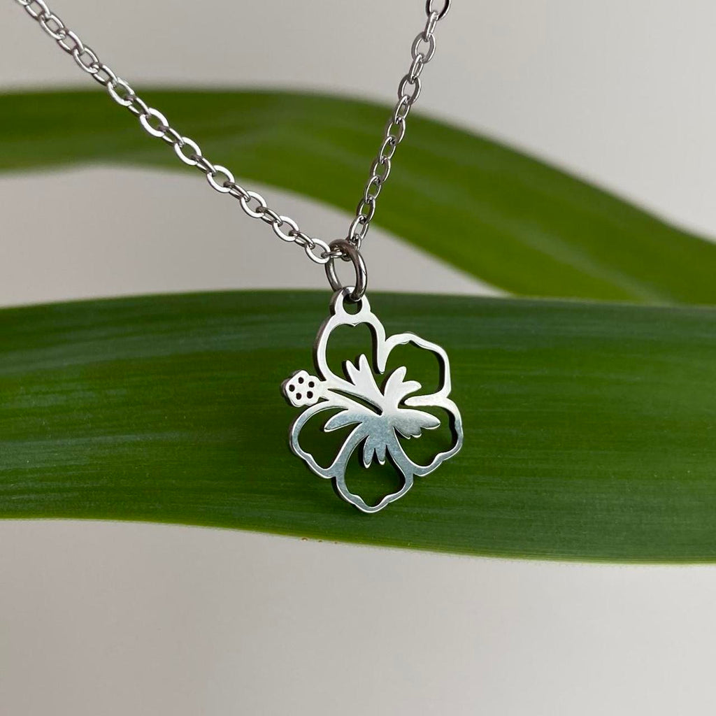 Tropical Silver Hibiscus Flower Pendant Chain - Image 2