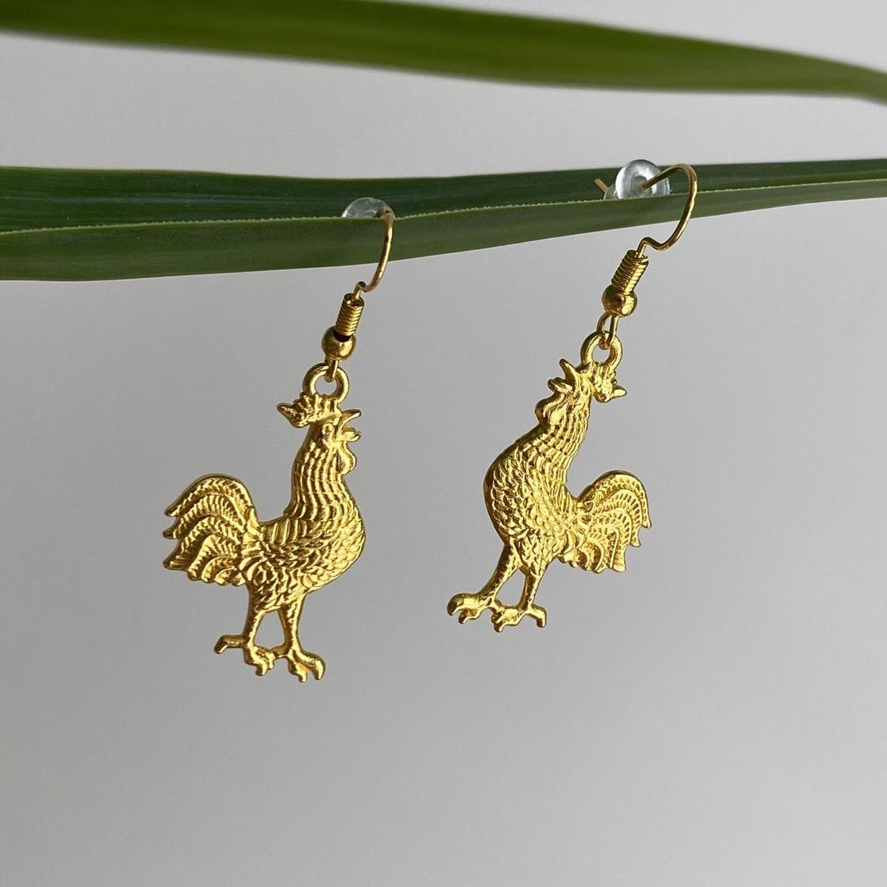 Gold Rooster Dangle Earrings Hand Made Pendant - Image 2