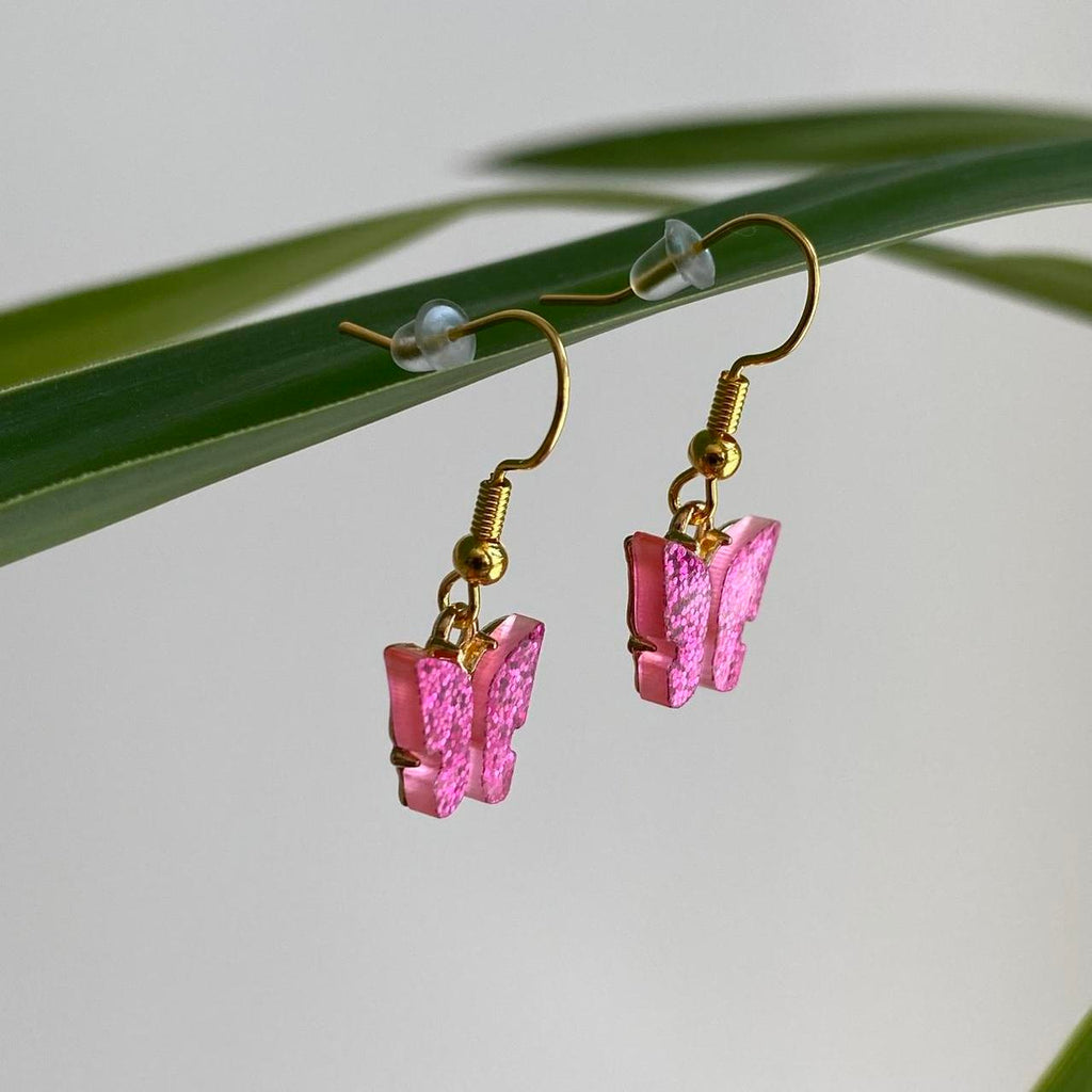 Dark Pink Sparkle Butterfly Dangle Earrings With - Image 2