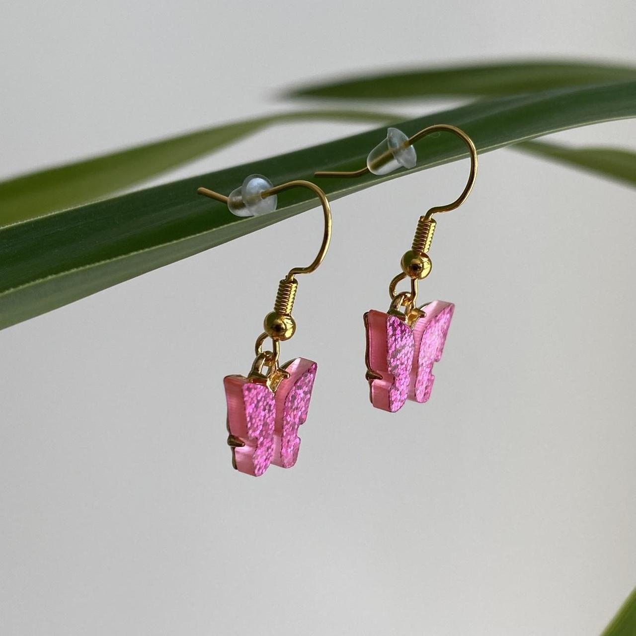 Dark Pink Sparkle Butterfly Dangle Earrings With - Image 2
