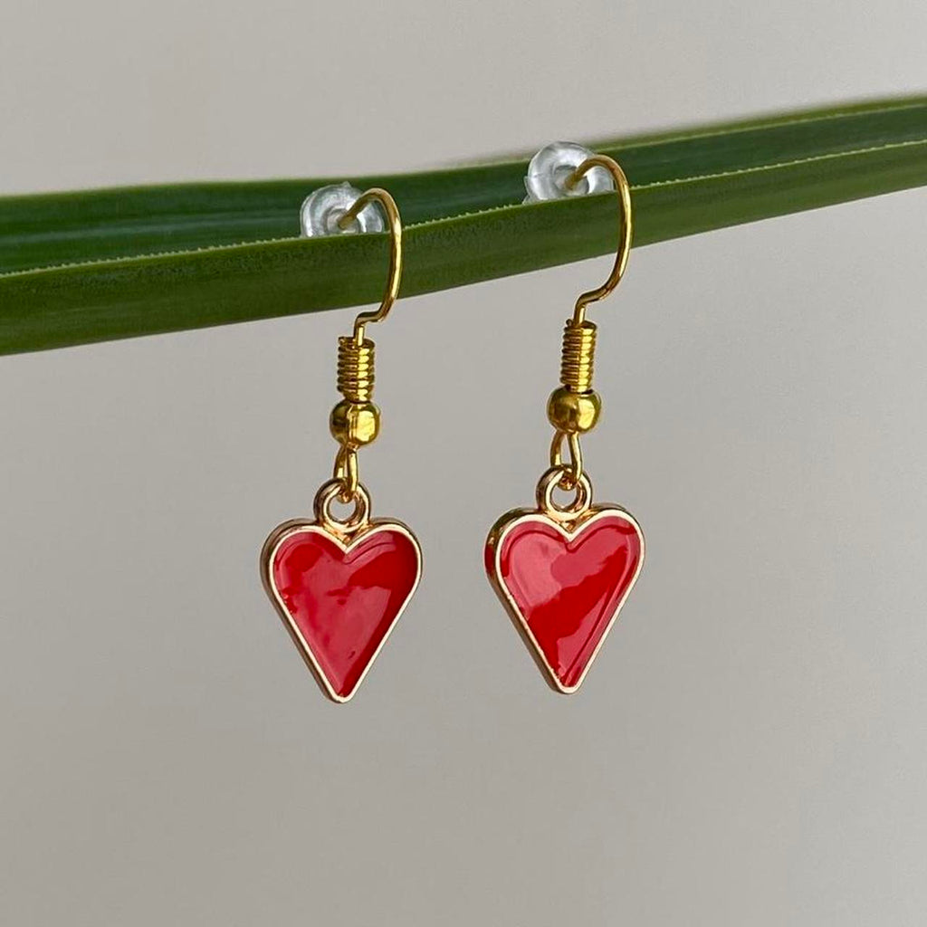 Red Hearts Symbol Dangle Earrings With Gold Accents