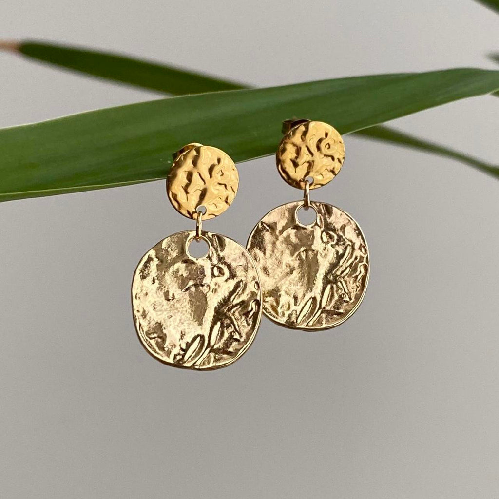 Large Hammered Circle Gold Dangle Stud Earrings - Image 2