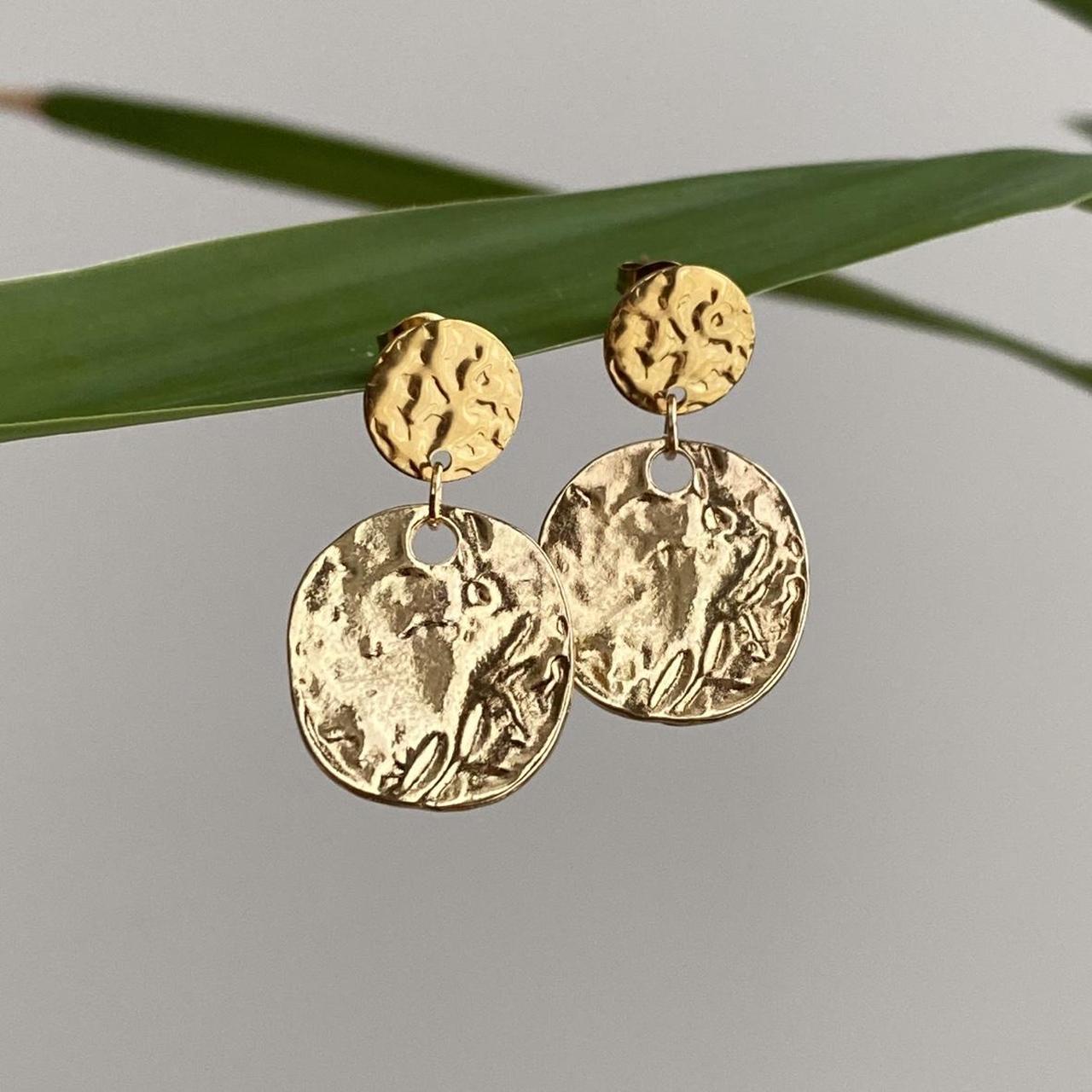 Large Hammered Circle Gold Dangle Stud Earrings - Image 2
