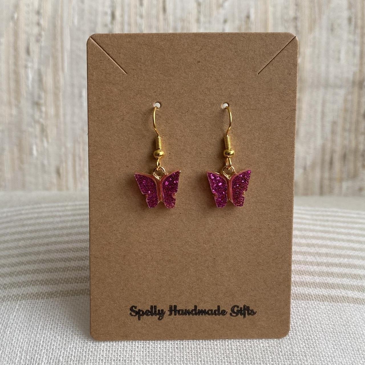 Dark Pink Sparkle Butterfly Dangle Earrings With - Image 4