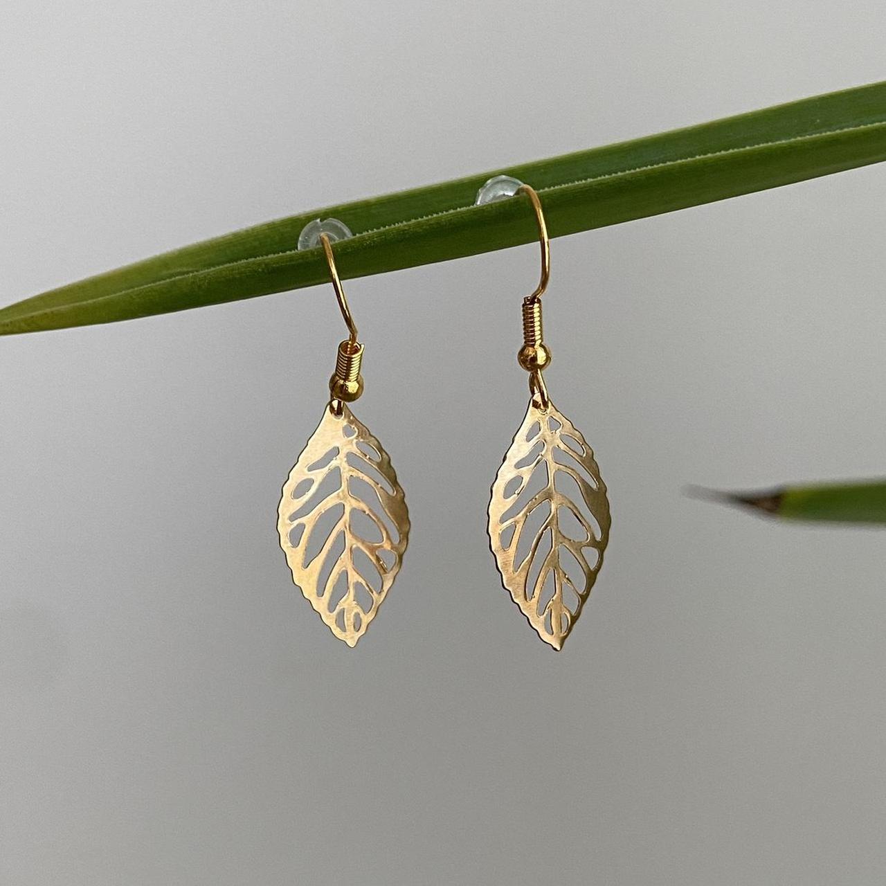 Small Gold Leaf Dangle Earrings 3 Sizes - Image 3