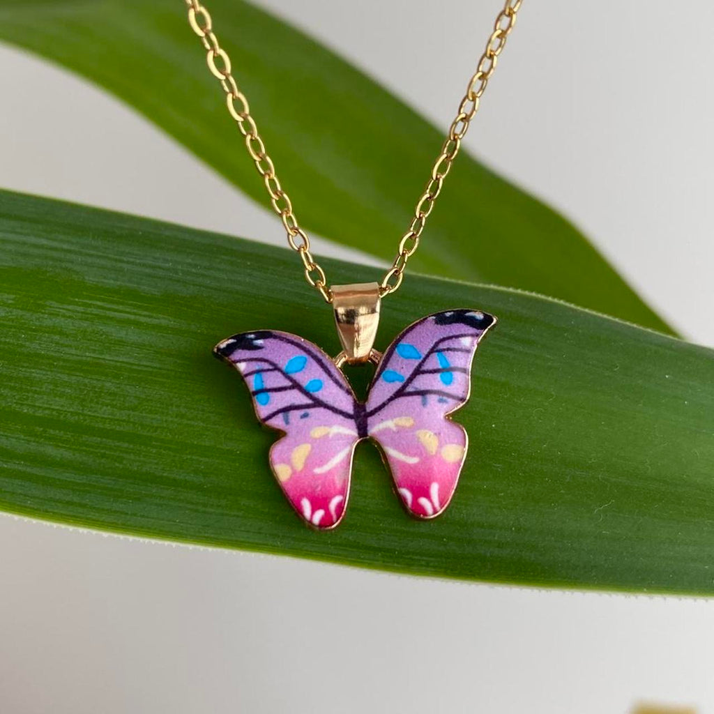 Pink And Purple Ombr Butterfly Enamel Pendant Chain