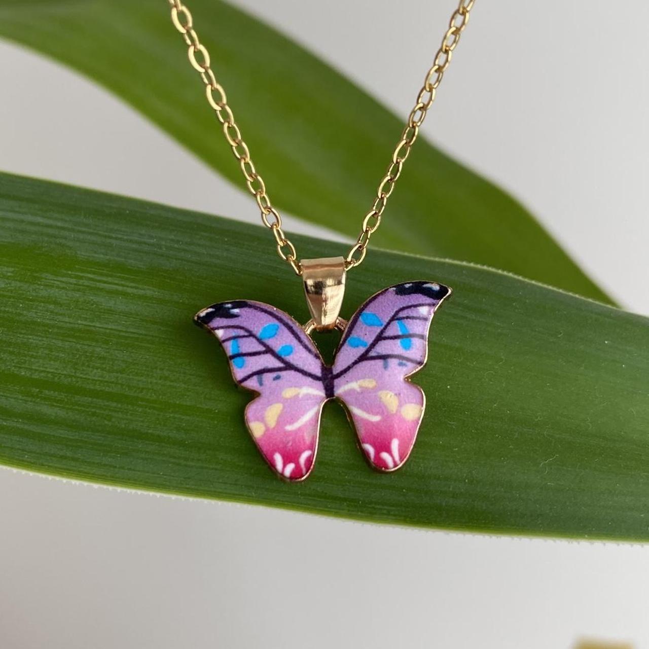 Pink And Purple Ombr Butterfly Enamel Pendant Chain