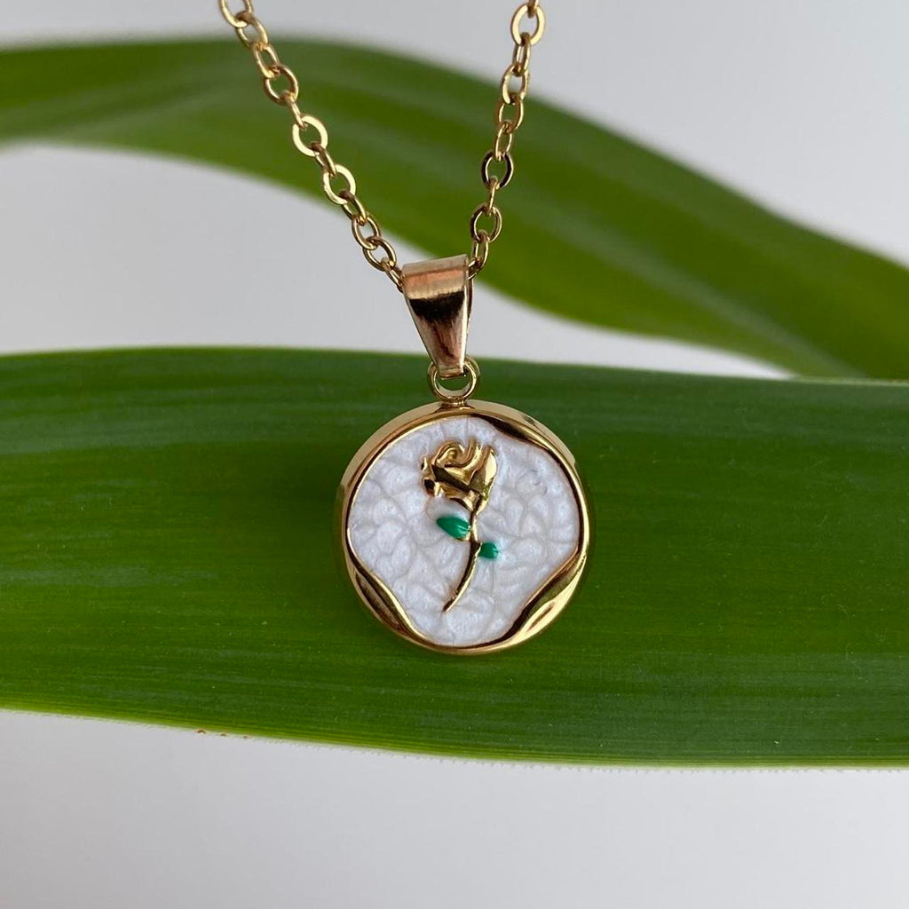White Enamel Rose In Circle Pendant Chain Necklace