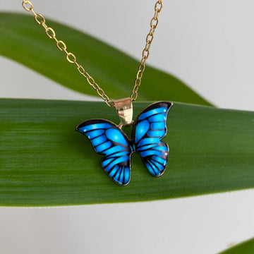 Blue Butterfly Enamel Pendant Chain Necklace
