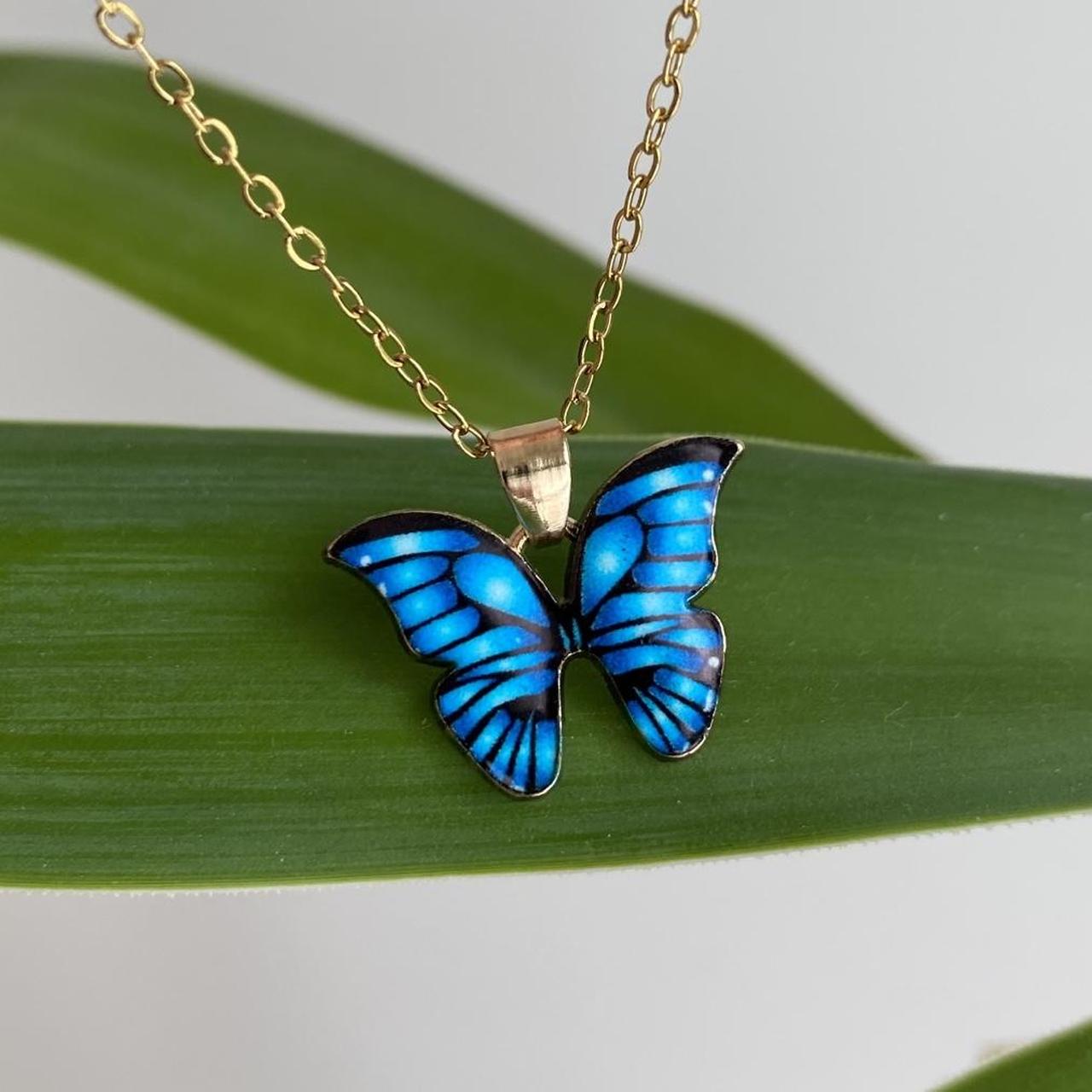 Blue Butterfly Enamel Pendant Chain Necklace With